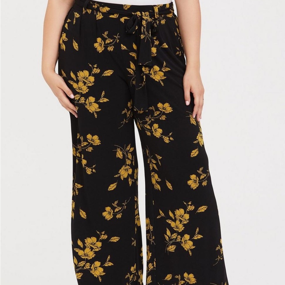 torrid Black Wide-Leg Floral Pants with Mustard Yellow Print